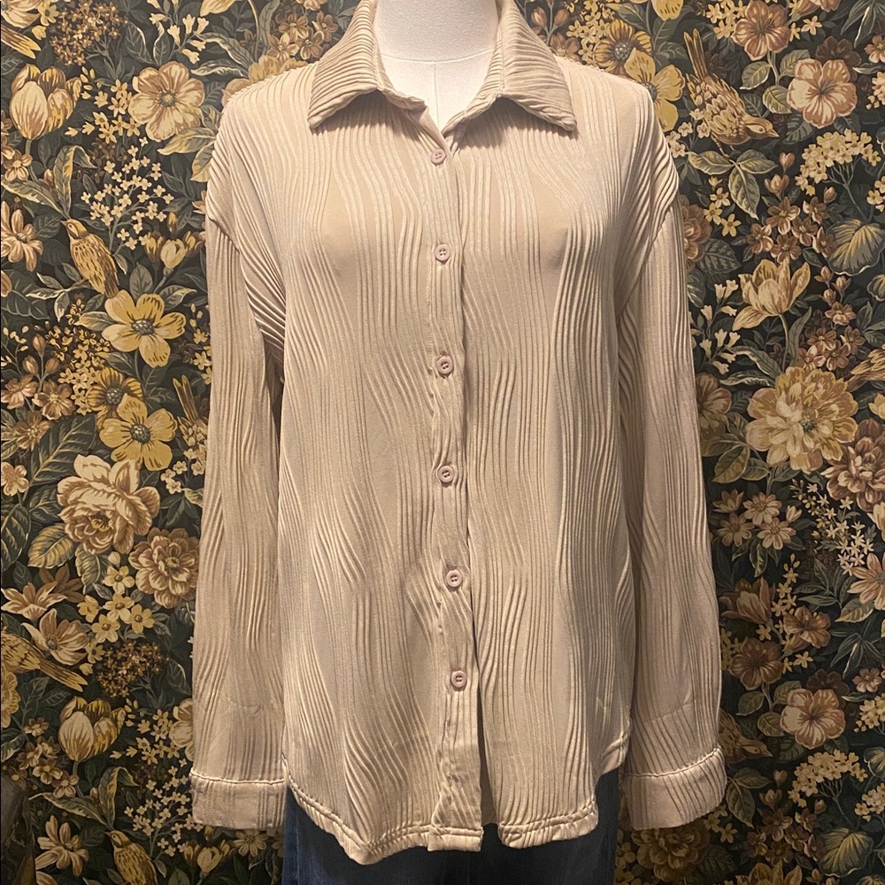 Textured Beige Button-Up Blouse